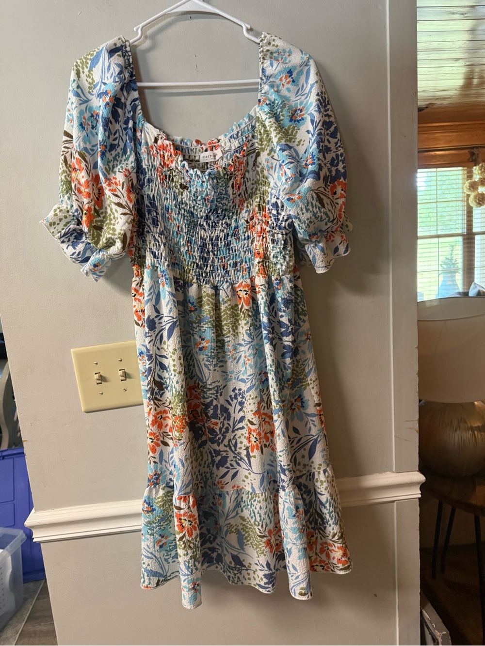 First Love White Midi Dress with Blue, Orange & Green Floral Print